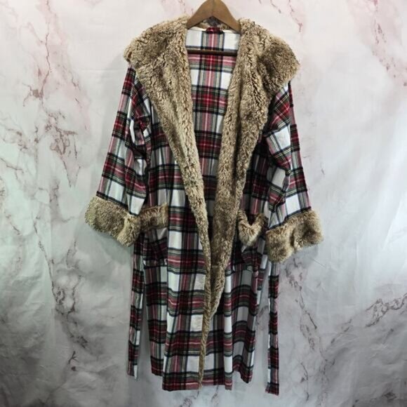 Pottery Barn Robe Women Plaid Faux Fur Hooded Flannel Holiday Christmas Stewart - Picture 1 of 14